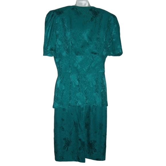 Vintage 80s Jonathan Martin Outfit Turquoise Silk Floral Skirt Suit Dynasty Plus - Picture 5 of 12
